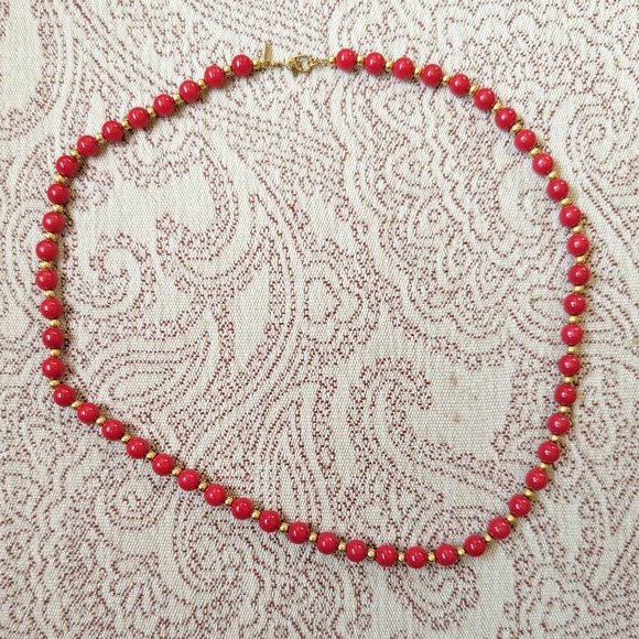 Vintage Monet Red and Gold Acrylic Beaded Necklace Signed - Picture 5 of 11